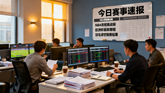体育新闻编辑部场景，赛事资讯内容整理