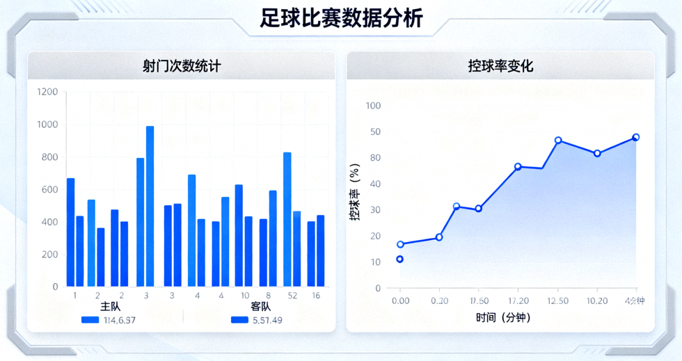 足球数据分析界面，展示射门与控球统计图表