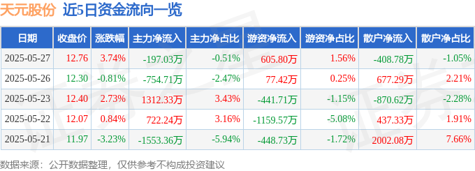 BG大游官网天元股分（003003）5月27日主力资金净卖出19703万元(图1)